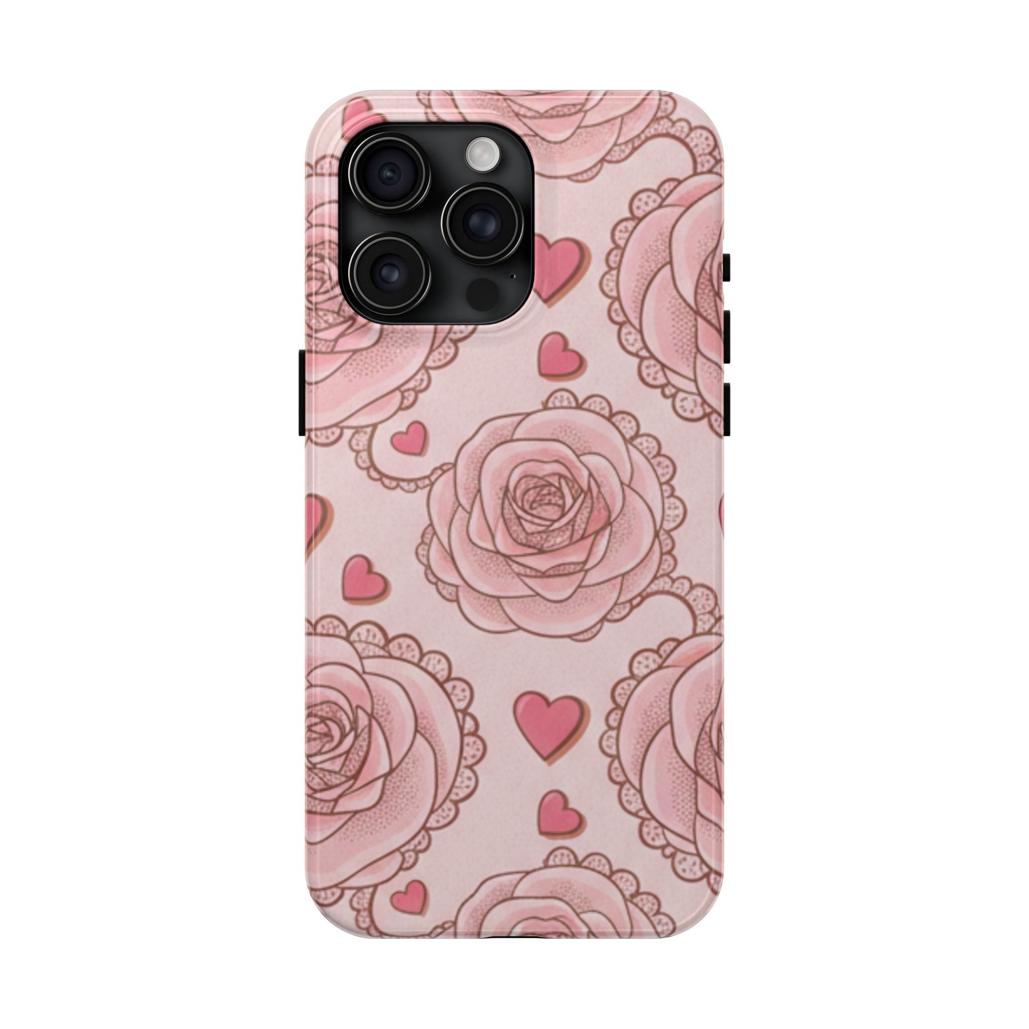 Floral Heart Phone Case — Pink Rose Pattern Tough Protective Case
