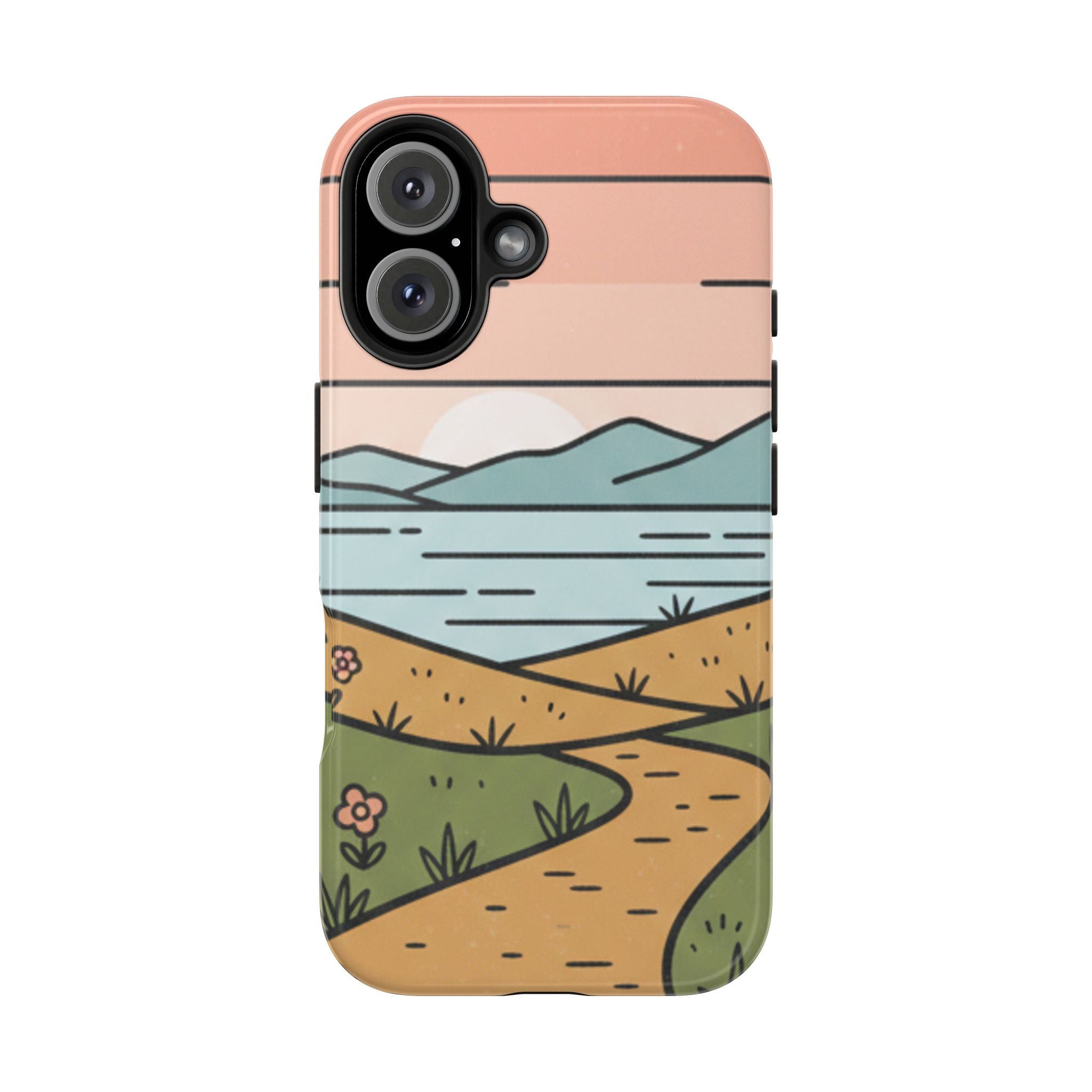 Scenic Path Tough Phone Case — Pastel Lake & Mountain Protective Cover