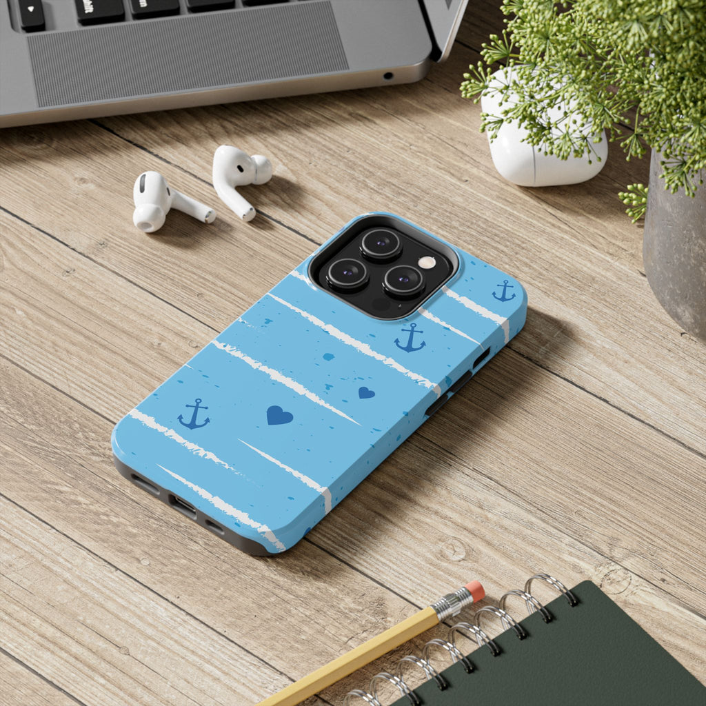 Nautical Blue Anchor & Hearts Tough Phone Case — Cute Striped Protective Cover