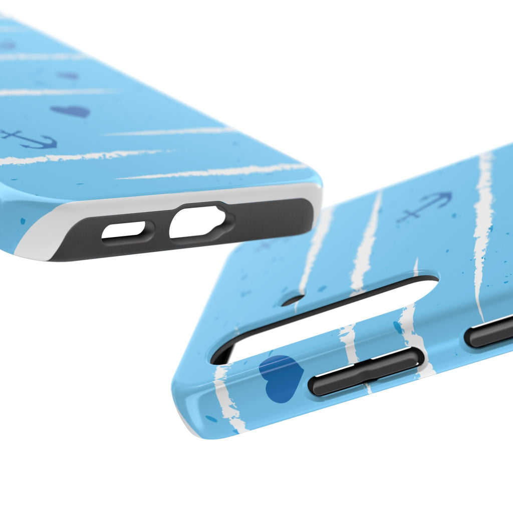 Nautical Blue Anchor & Hearts Tough Phone Case — Cute Striped Protective Cover