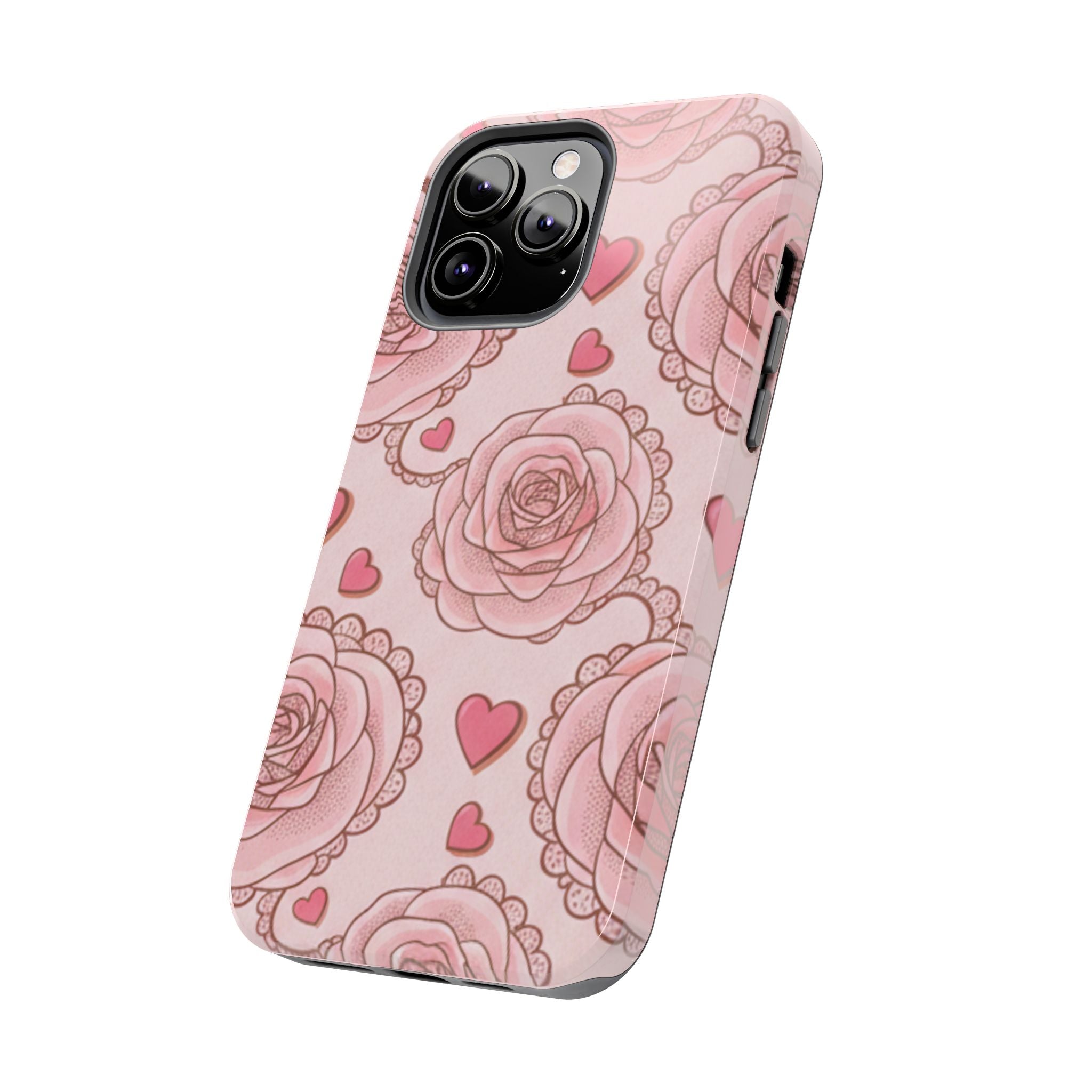 Floral Heart Phone Case — Pink Rose Pattern Tough Protective Case
