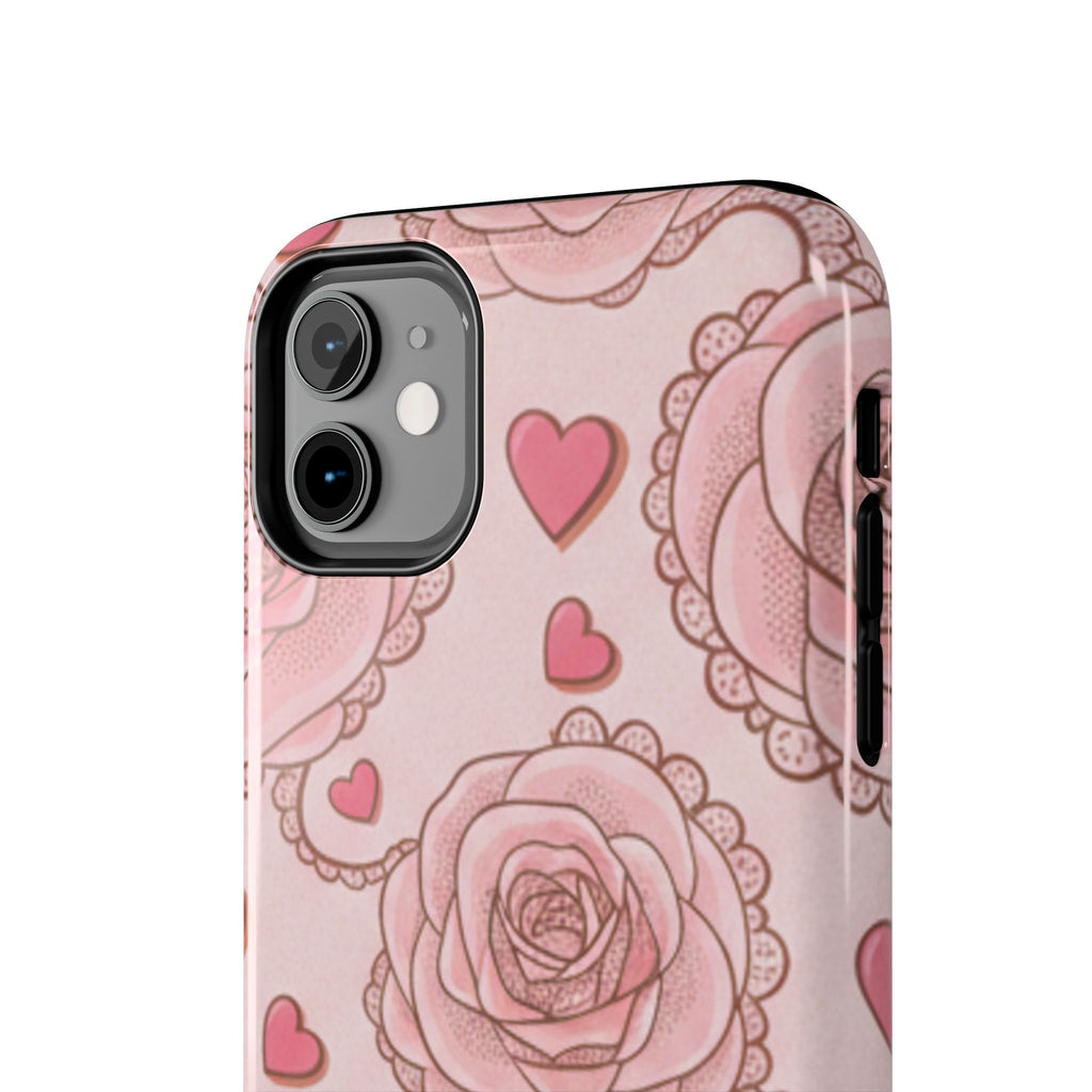 Floral Heart Phone Case — Pink Rose Pattern Tough Protective Case