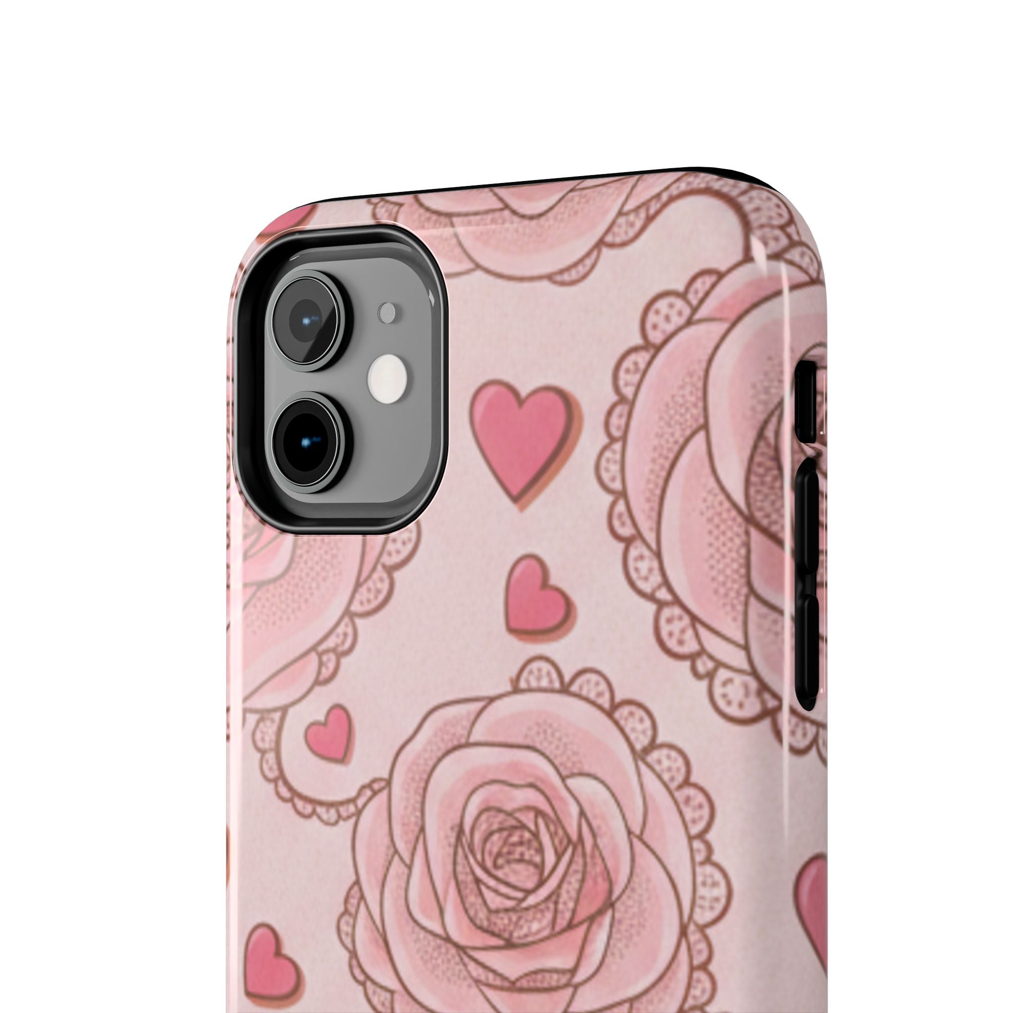 Floral Heart Phone Case — Pink Rose Pattern Tough Protective Case