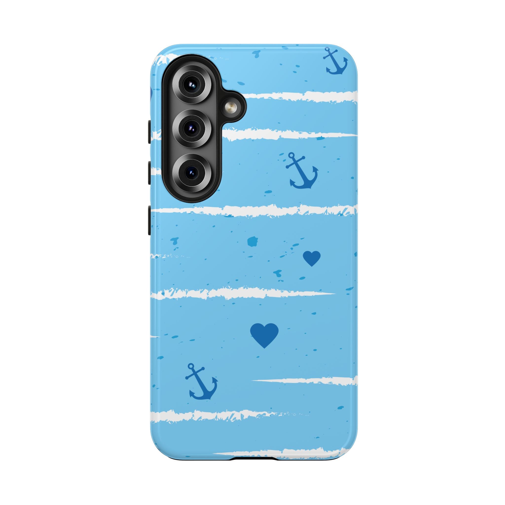 Nautical Blue Anchor & Hearts Tough Phone Case — Cute Striped Protective Cover