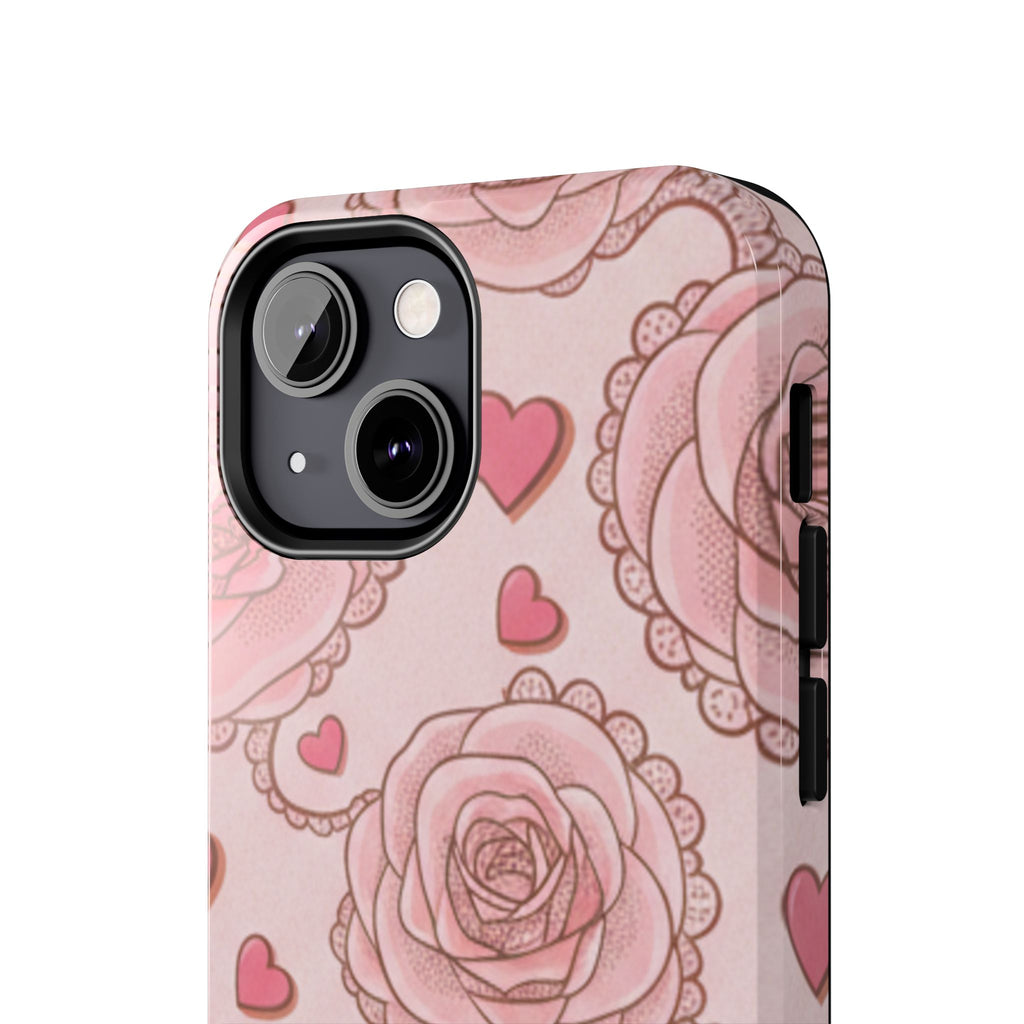 Floral Heart Phone Case — Pink Rose Pattern Tough Protective Case
