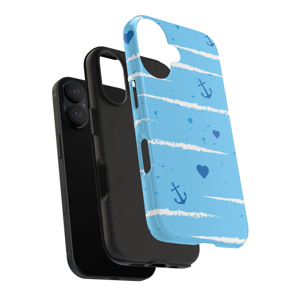 Nautical Blue Anchor & Hearts Tough Phone Case — Cute Striped Protective Cover