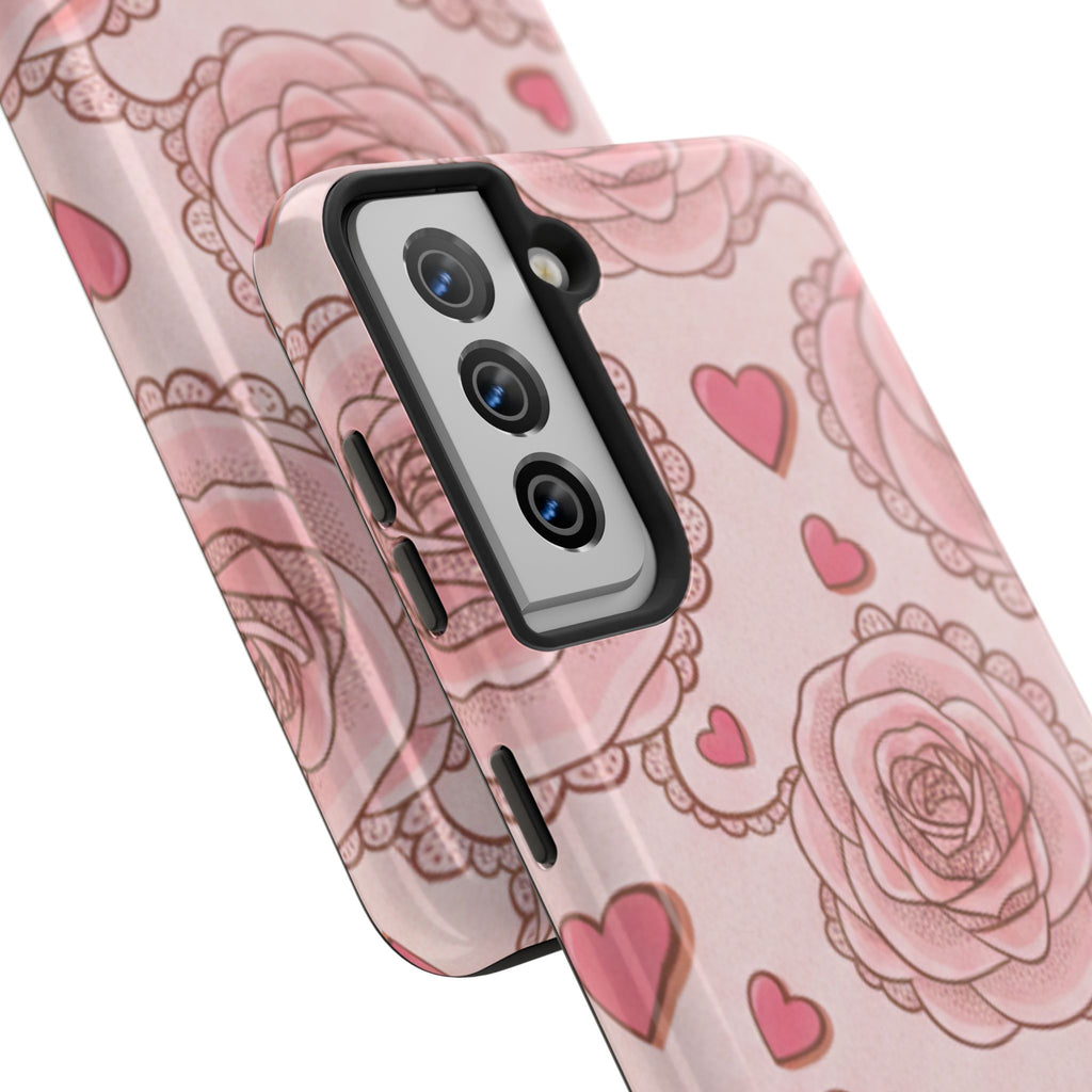 Floral Heart Phone Case — Pink Rose Pattern Tough Protective Case