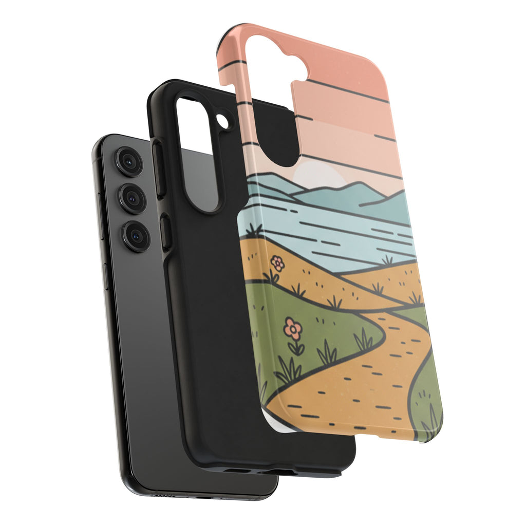 Scenic Path Tough Phone Case — Pastel Lake & Mountain Protective Cover