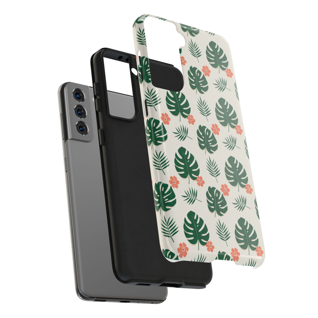 Tropical Leaves Tough Phone Case — Monstera & Pink Floral Protective Cover