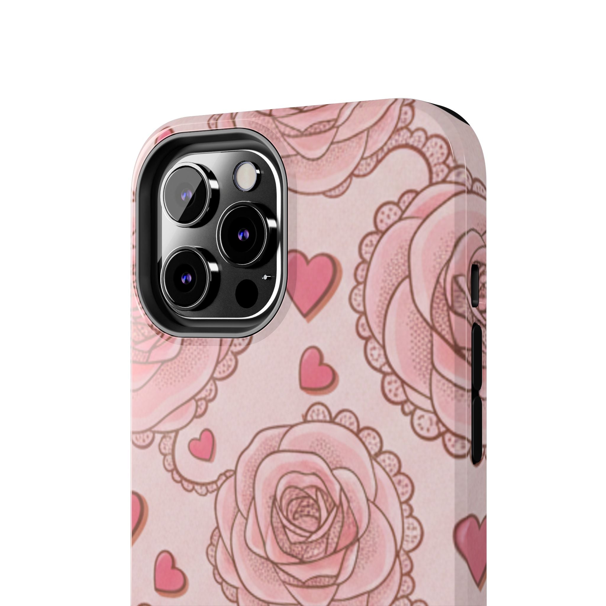 Floral Heart Phone Case — Pink Rose Pattern Tough Protective Case