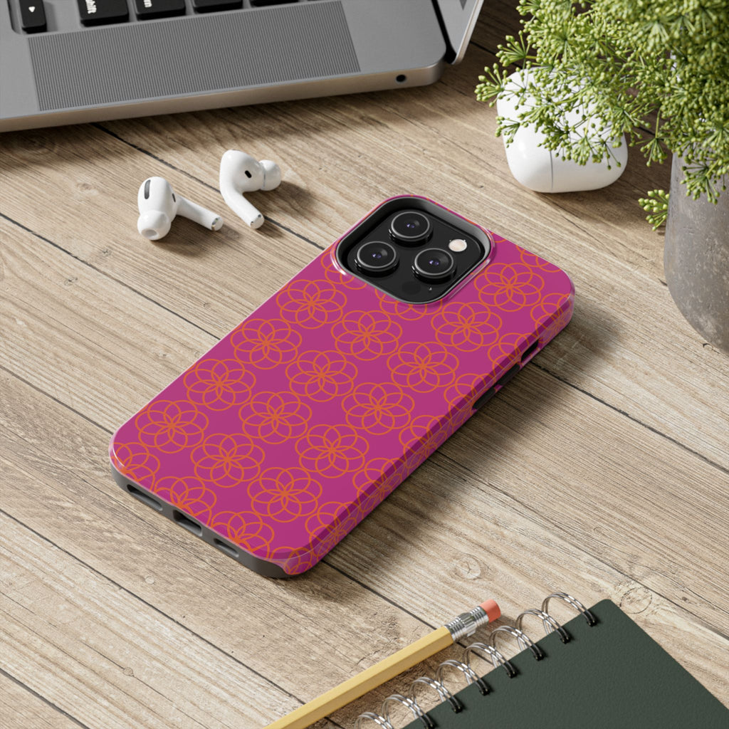 Floral Geometric Tough Phone Case — Pink & Orange Patterned Protective Cover