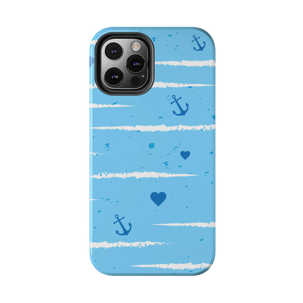 Nautical Blue Anchor & Hearts Tough Phone Case — Cute Striped Protective Cover