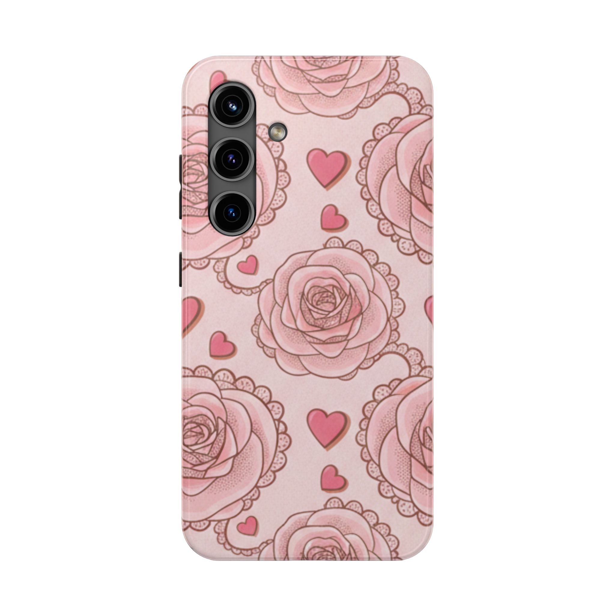 Floral Heart Phone Case — Pink Rose Pattern Tough Protective Case