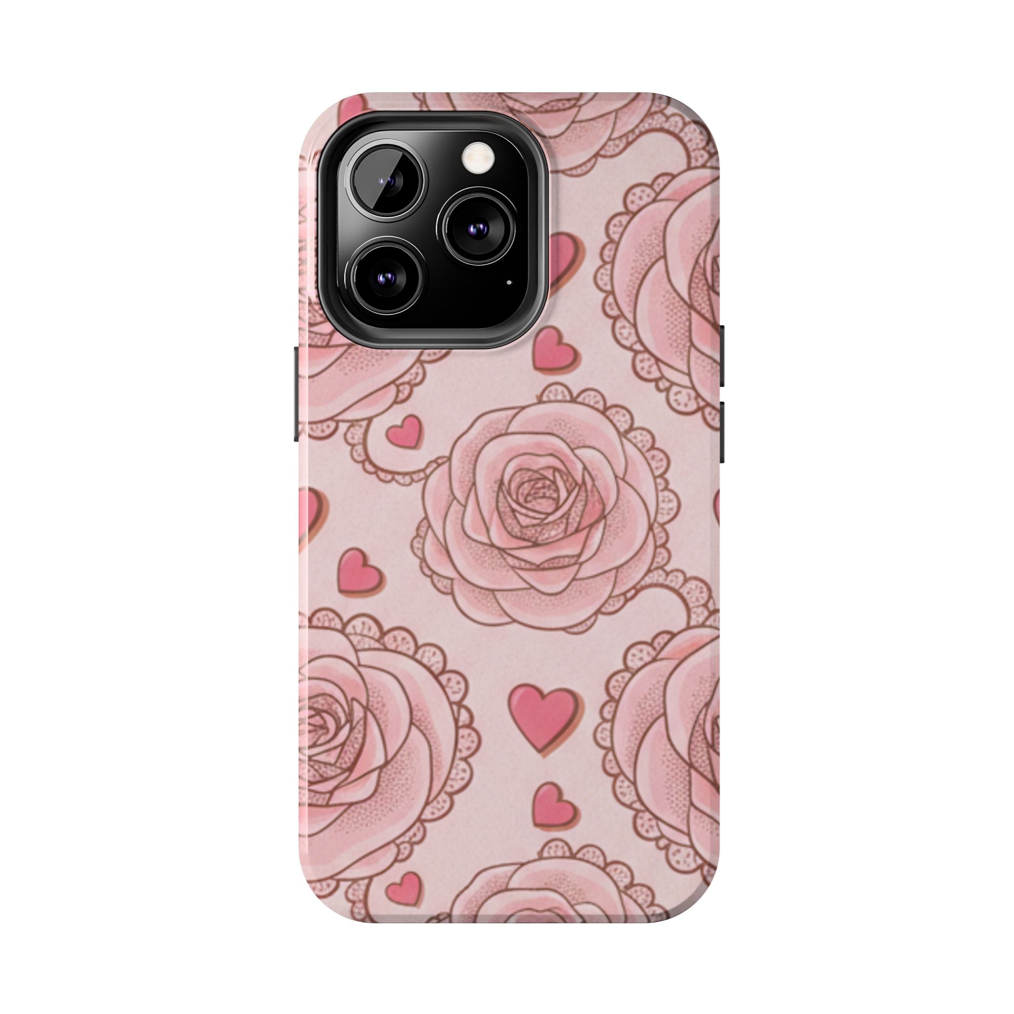 Floral Heart Phone Case — Pink Rose Pattern Tough Protective Case
