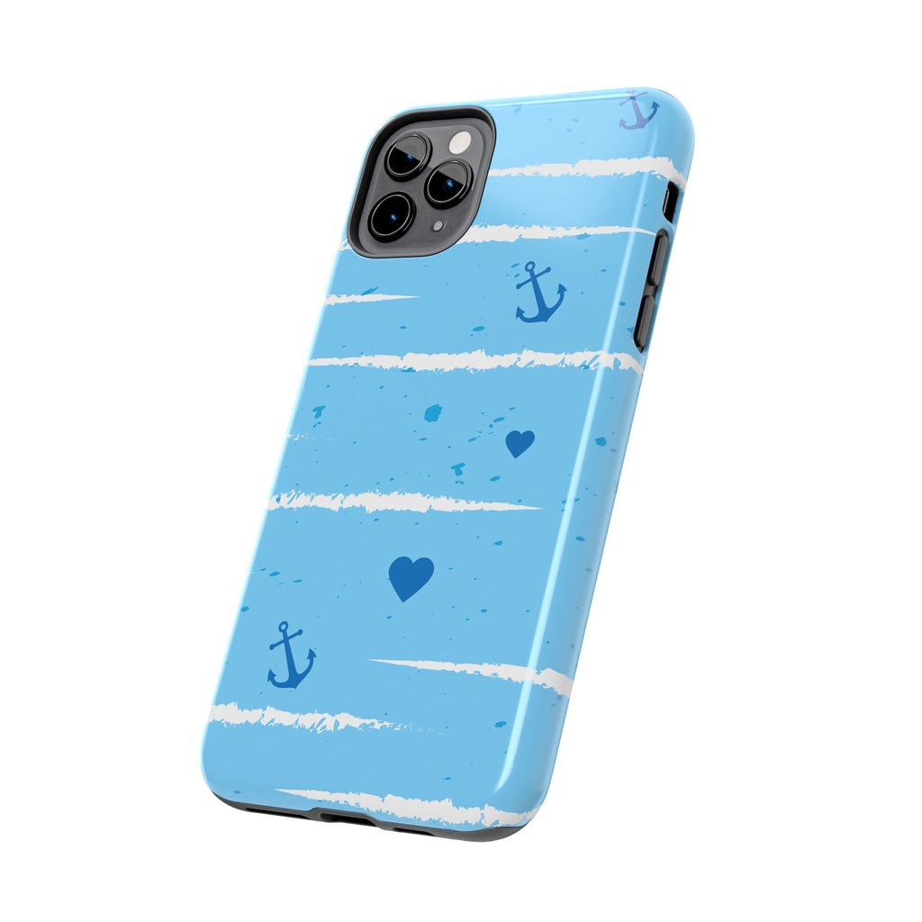 Nautical Blue Anchor & Hearts Tough Phone Case — Cute Striped Protective Cover