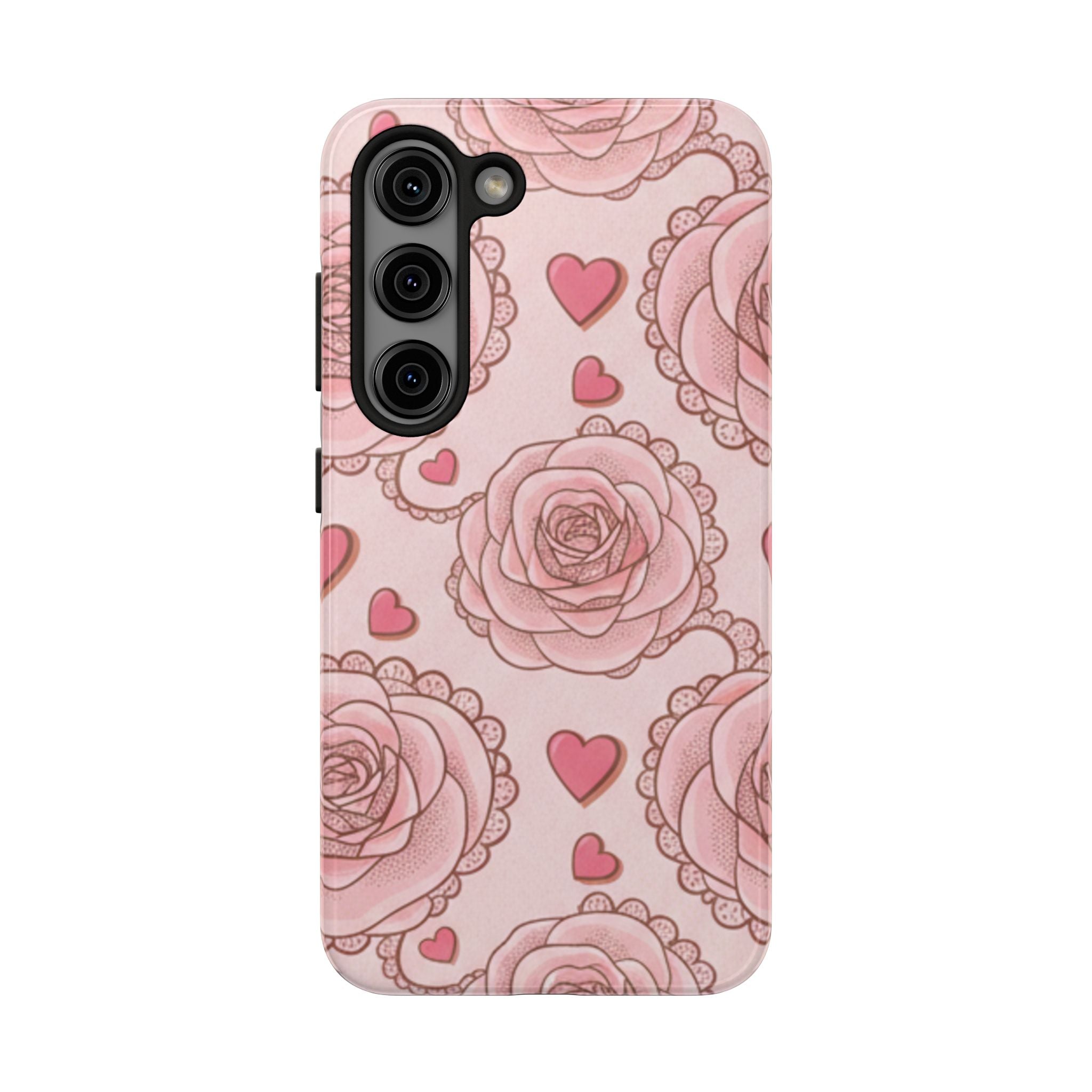 Floral Heart Phone Case — Pink Rose Pattern Tough Protective Case