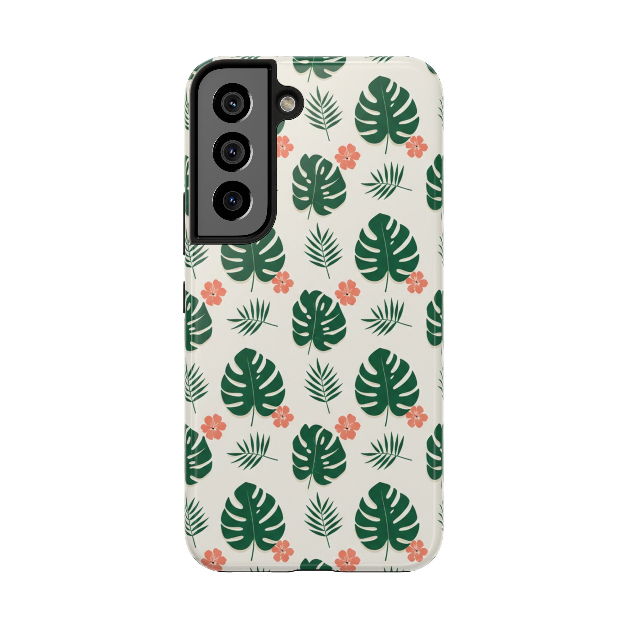 Tropical Leaves Tough Phone Case — Monstera & Pink Floral Protective Cover