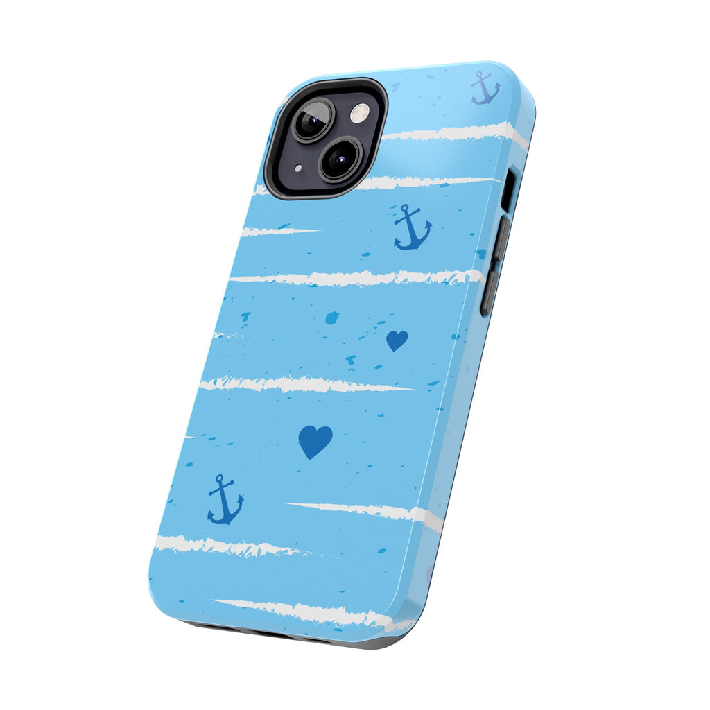 Nautical Blue Anchor & Hearts Tough Phone Case — Cute Striped Protective Cover