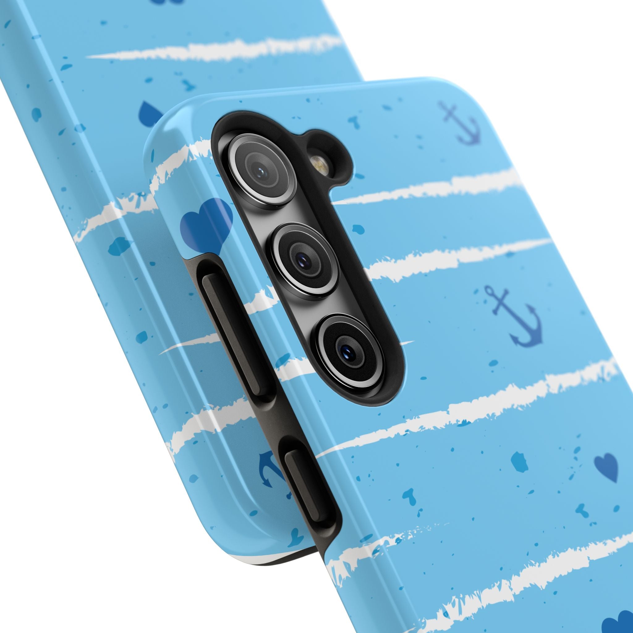 Nautical Blue Anchor & Hearts Tough Phone Case — Cute Striped Protective Cover