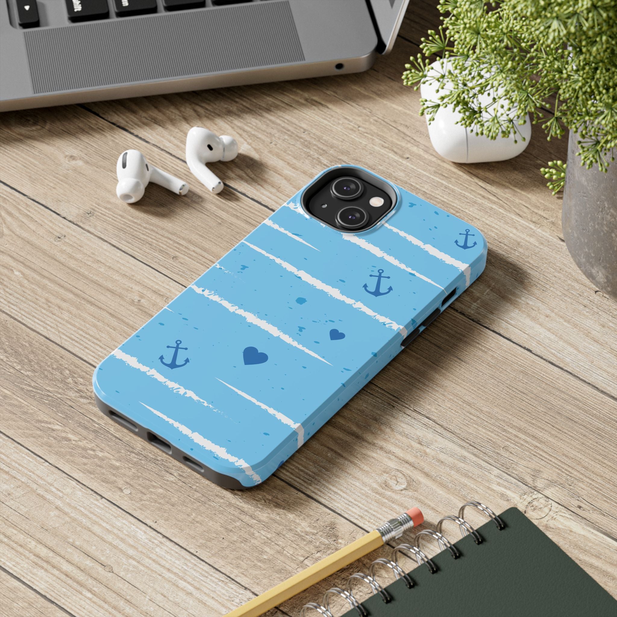 Nautical Blue Anchor & Hearts Tough Phone Case — Cute Striped Protective Cover