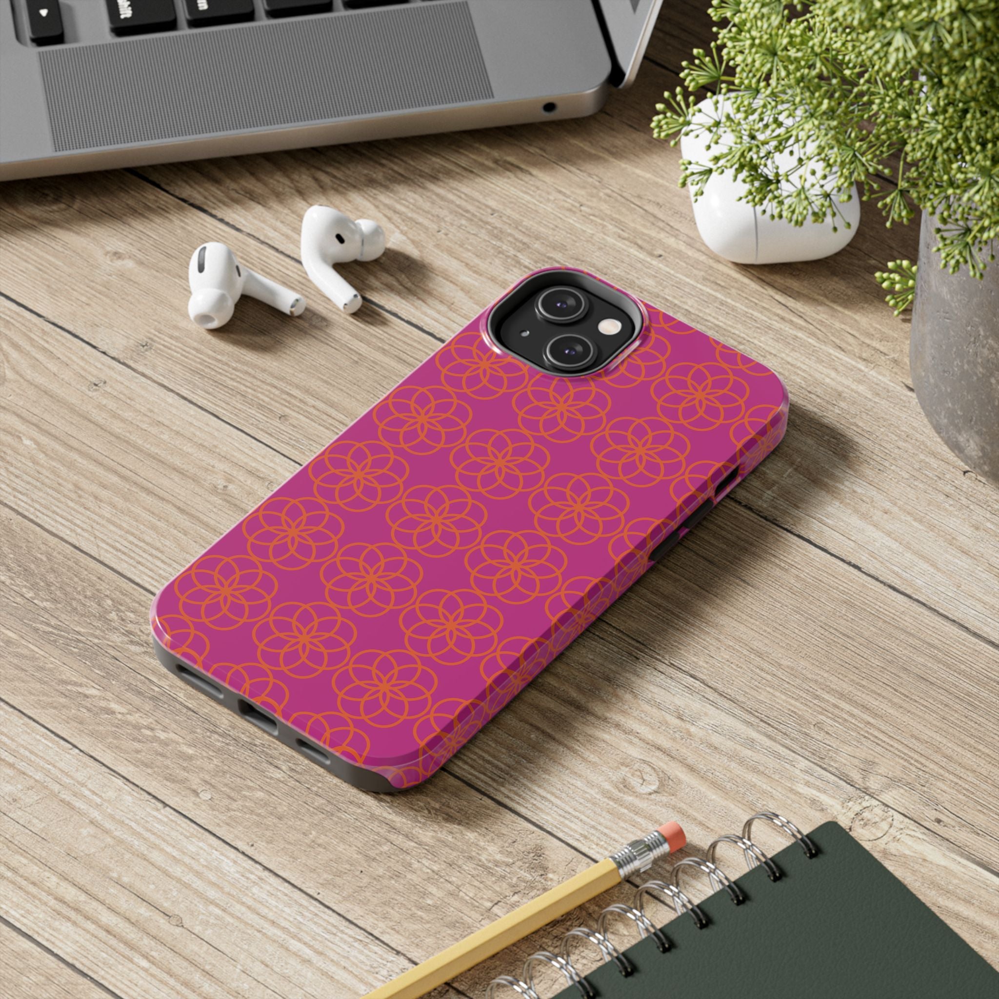 Floral Geometric Tough Phone Case — Pink & Orange Patterned Protective Cover