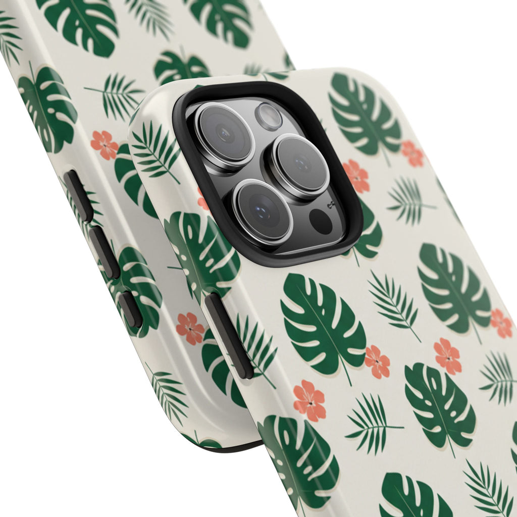 Tropical Leaves Tough Phone Case — Monstera & Pink Floral Protective Cover