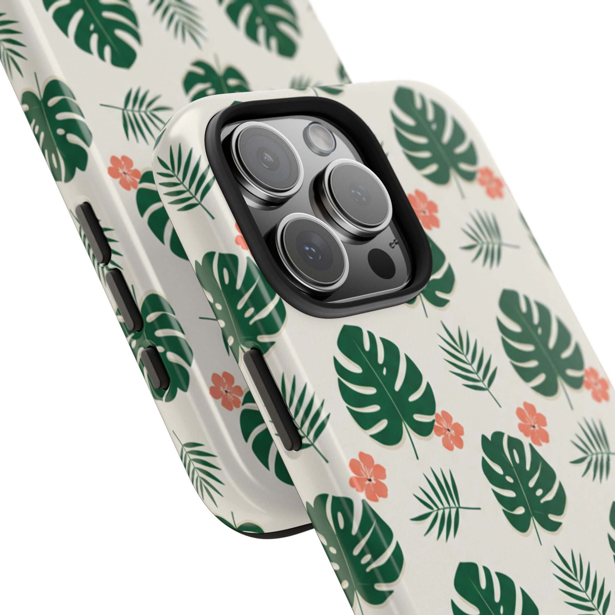 Tropical Leaves Tough Phone Case — Monstera & Pink Floral Protective Cover