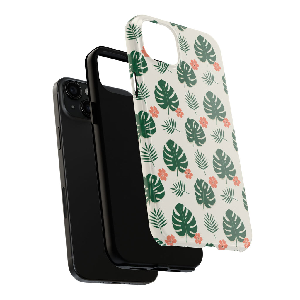 Tropical Leaves Tough Phone Case — Monstera & Pink Floral Protective Cover