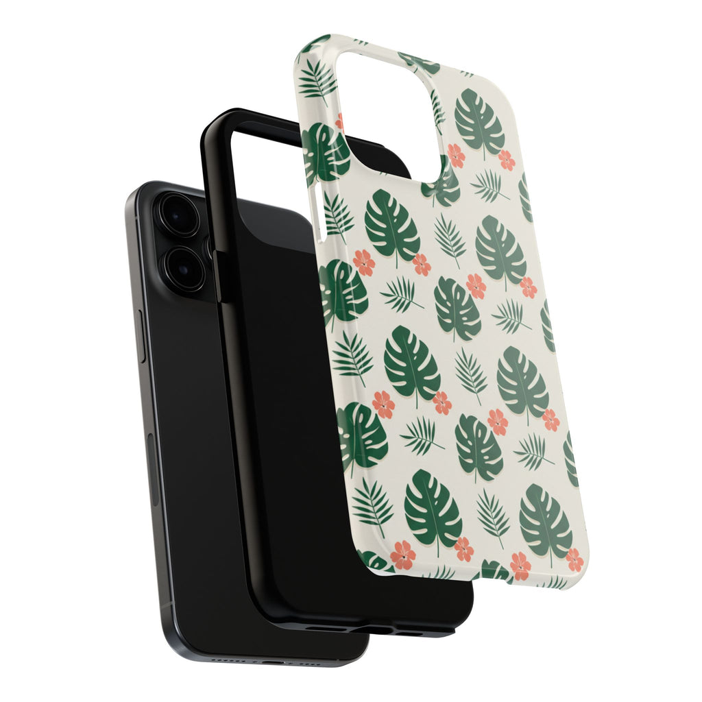 Tropical Leaves Tough Phone Case — Monstera & Pink Floral Protective Cover