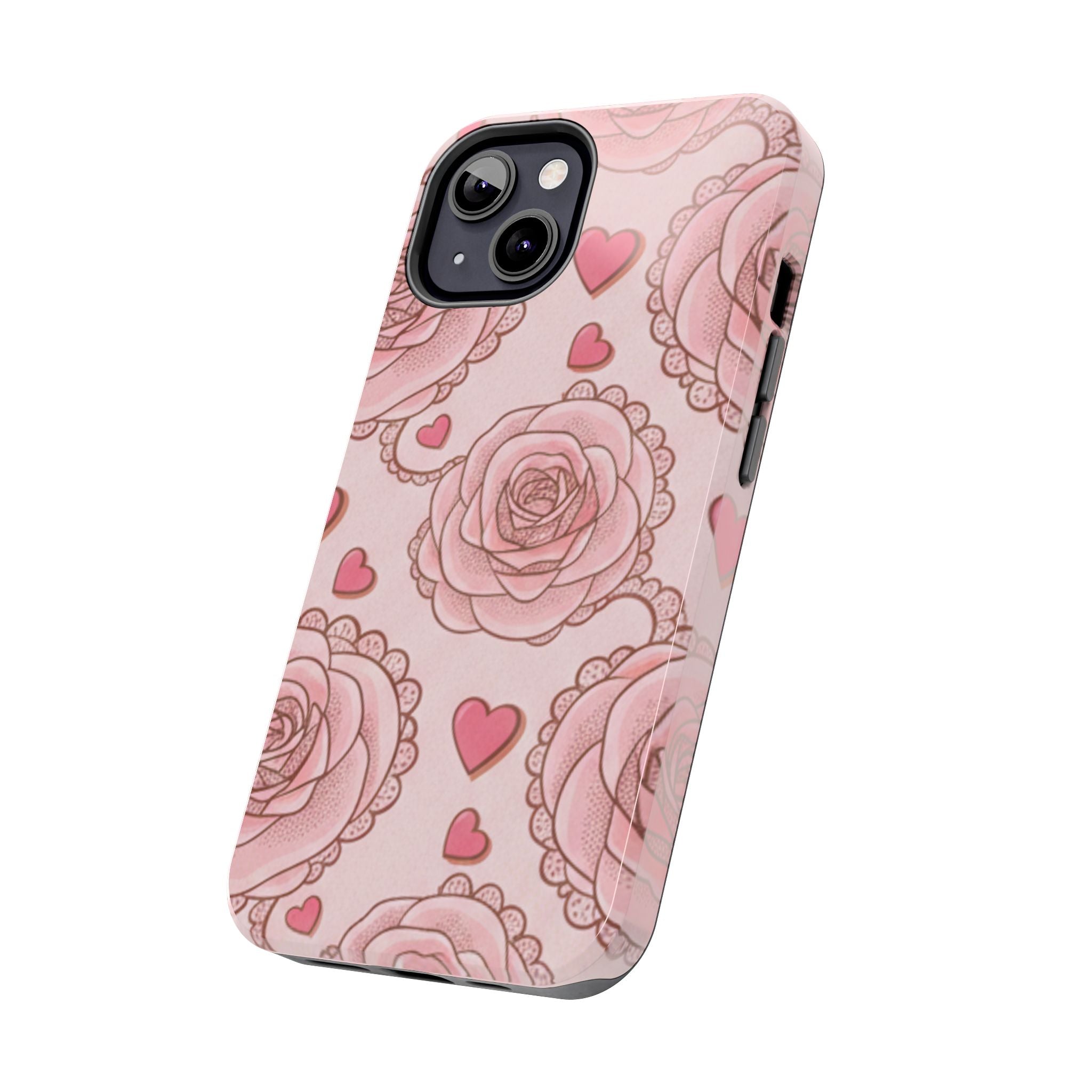 Floral Heart Phone Case — Pink Rose Pattern Tough Protective Case