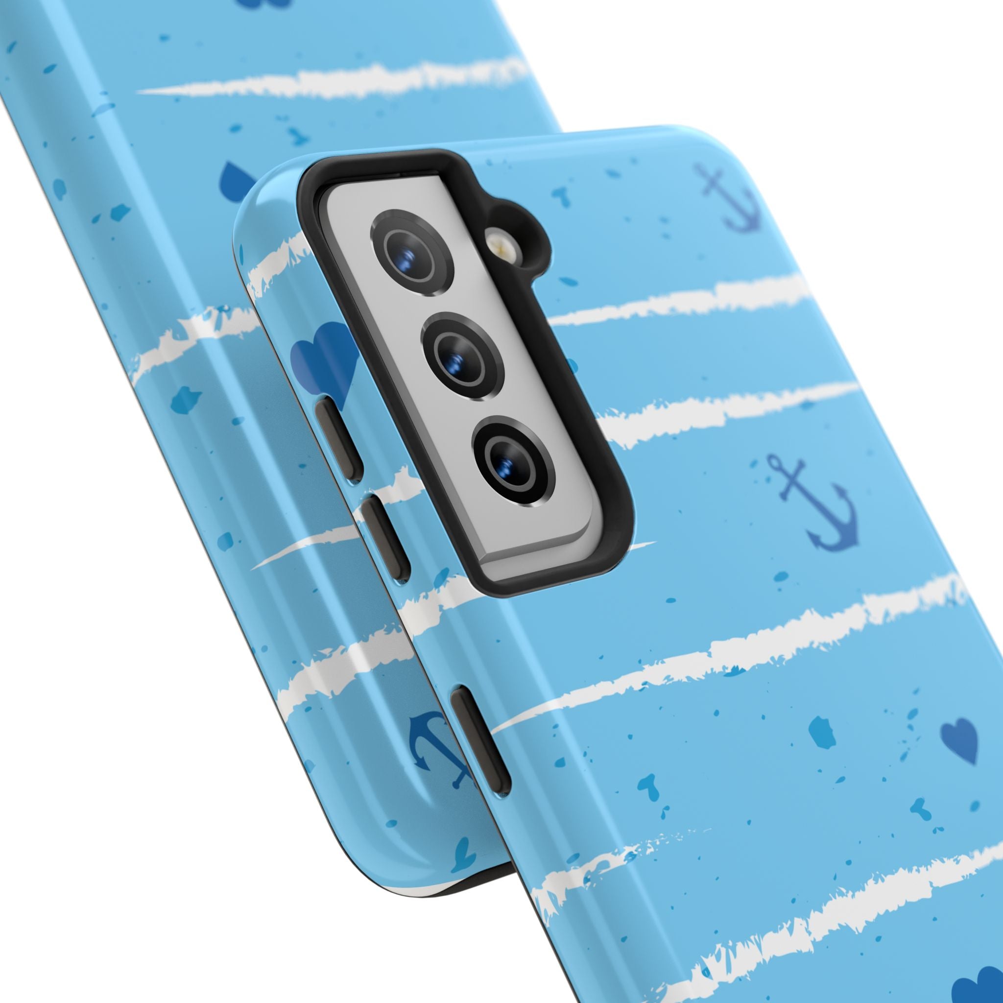 Nautical Blue Anchor & Hearts Tough Phone Case — Cute Striped Protective Cover