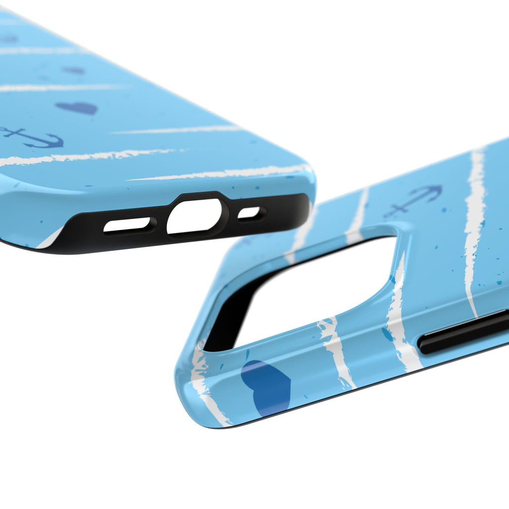 Nautical Blue Anchor & Hearts Tough Phone Case — Cute Striped Protective Cover