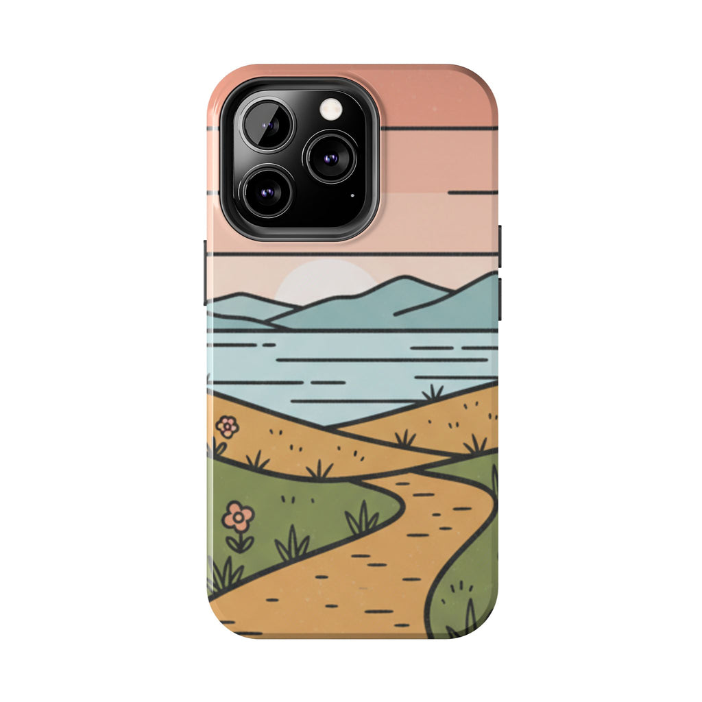 Scenic Path Tough Phone Case — Pastel Lake & Mountain Protective Cover