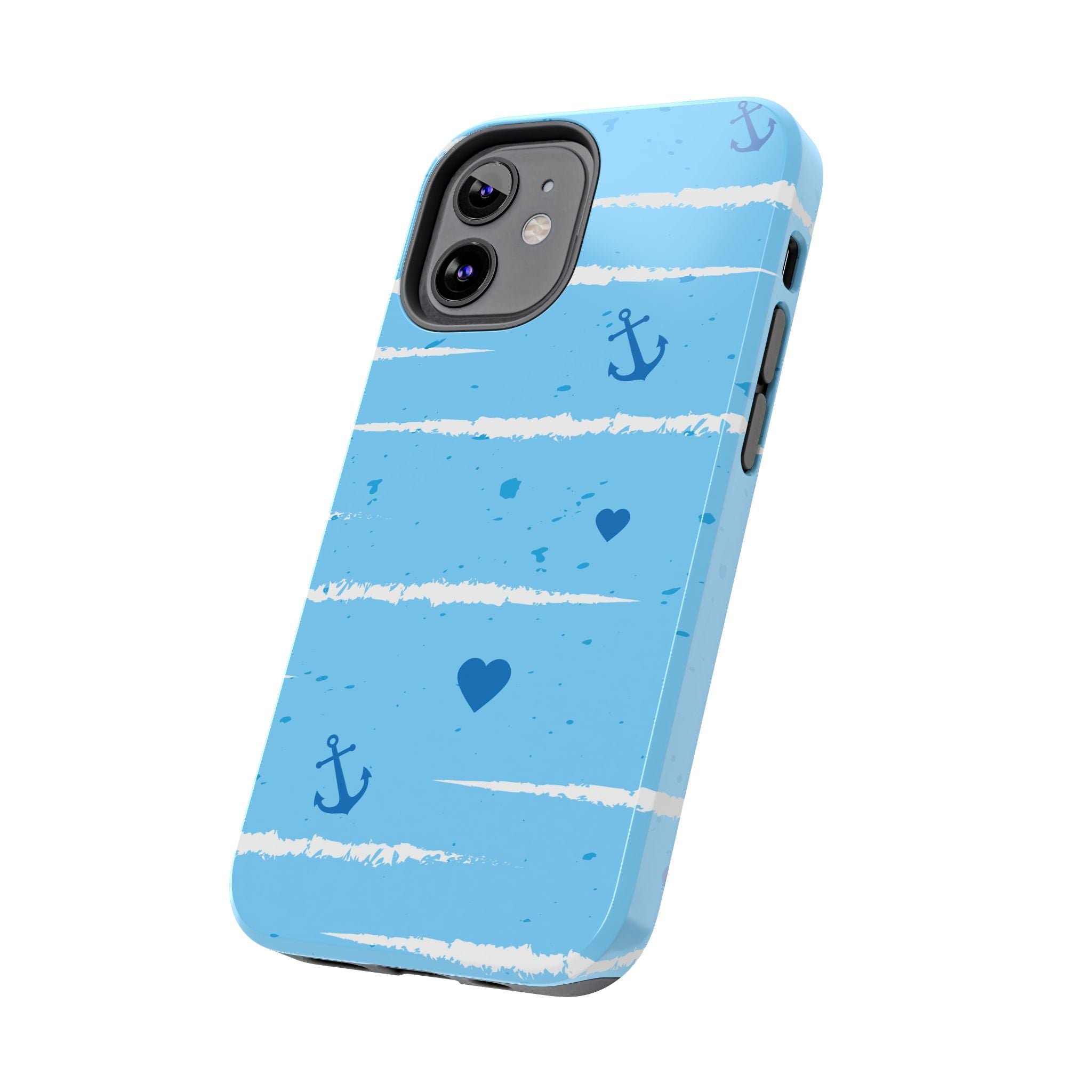 Nautical Blue Anchor & Hearts Tough Phone Case — Cute Striped Protective Cover