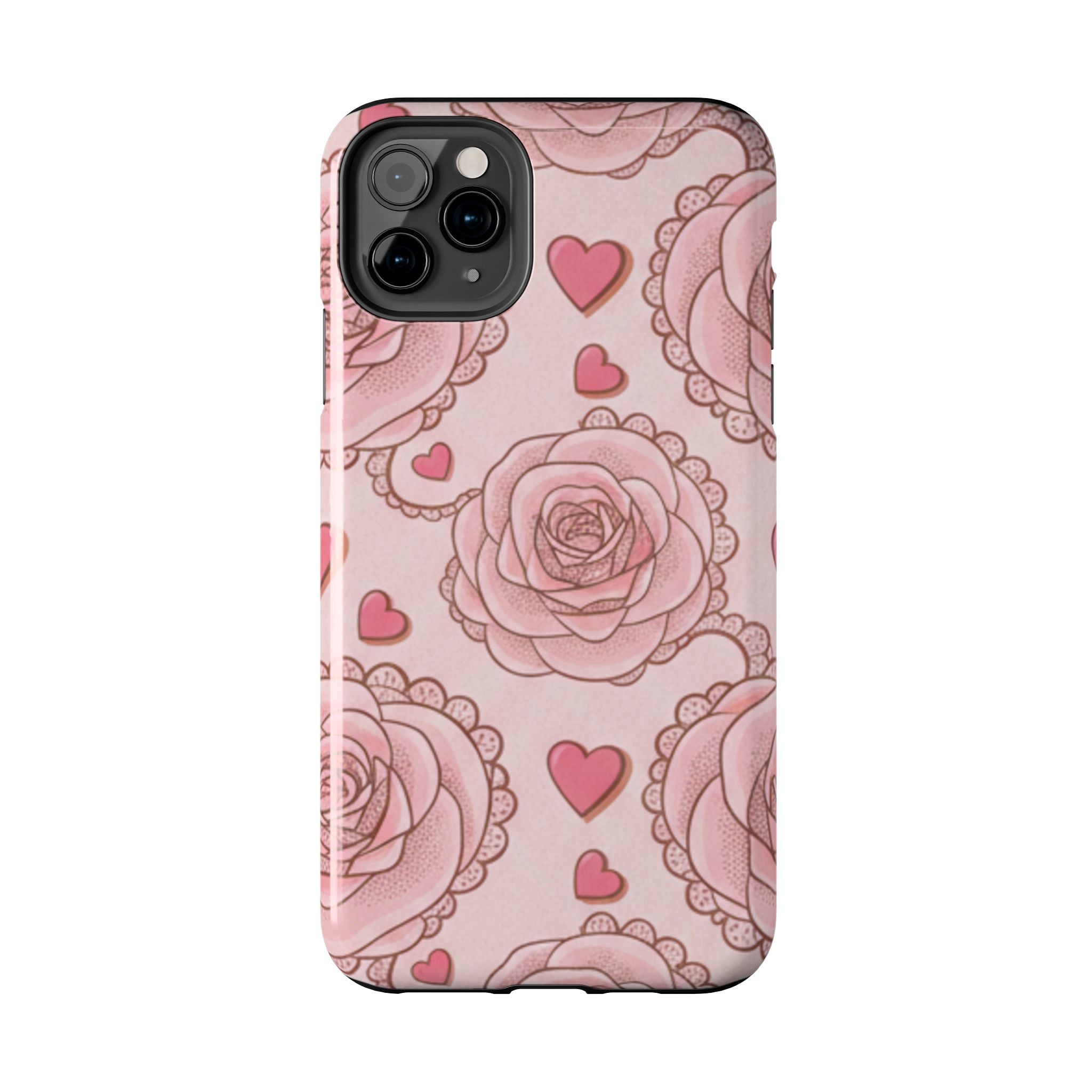 Floral Heart Phone Case — Pink Rose Pattern Tough Protective Case