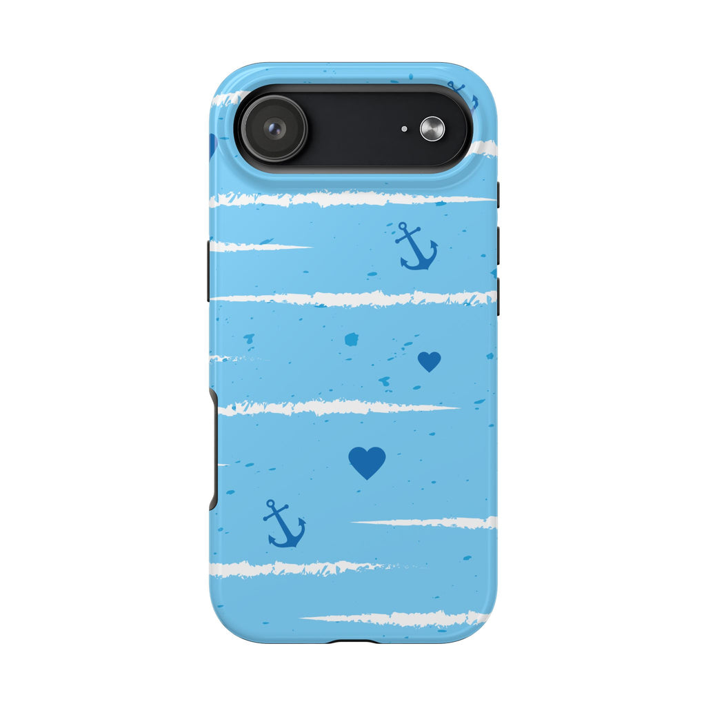 Nautical Blue Anchor & Hearts Tough Phone Case — Cute Striped Protective Cover