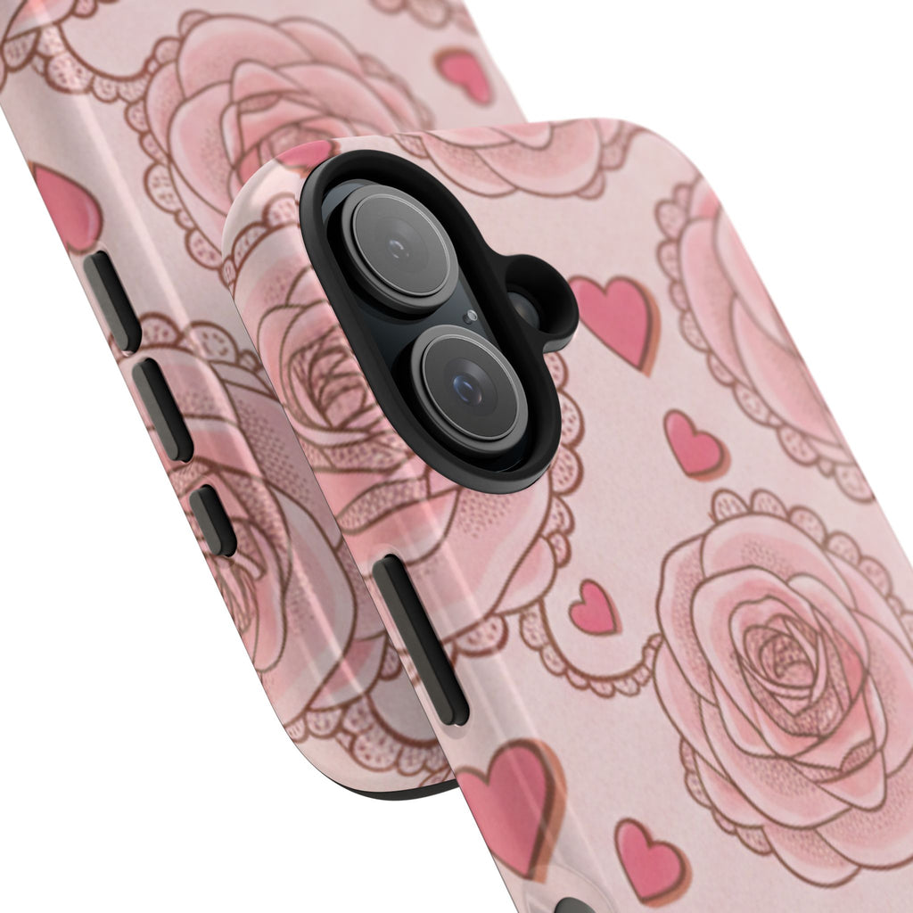Floral Heart Phone Case — Pink Rose Pattern Tough Protective Case