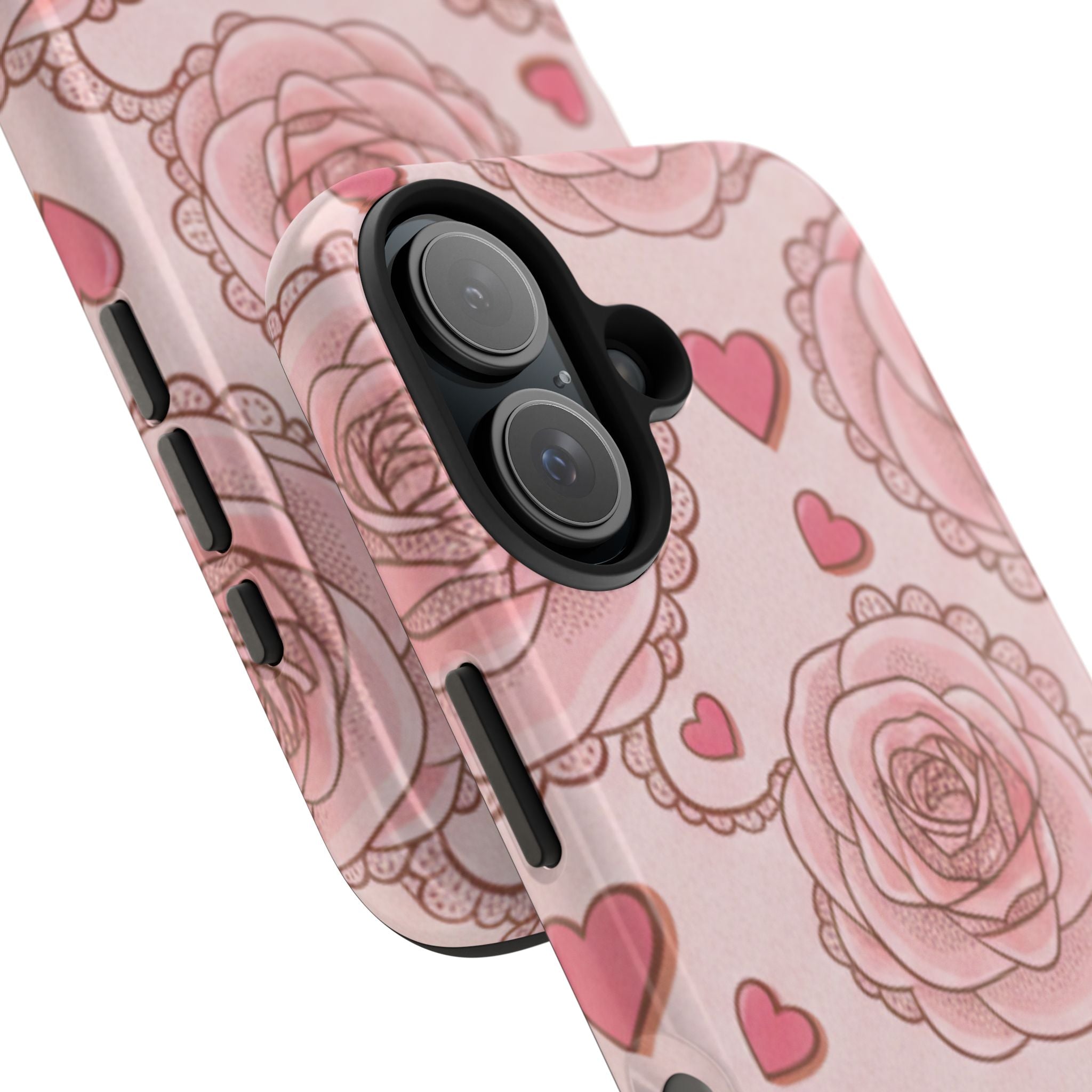 Floral Heart Phone Case — Pink Rose Pattern Tough Protective Case