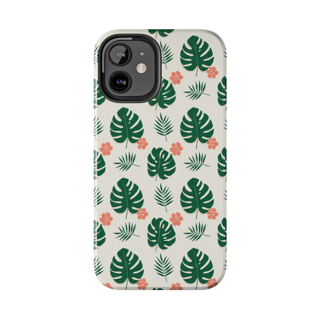 Tropical Leaves Tough Phone Case — Monstera & Pink Floral Protective Cover