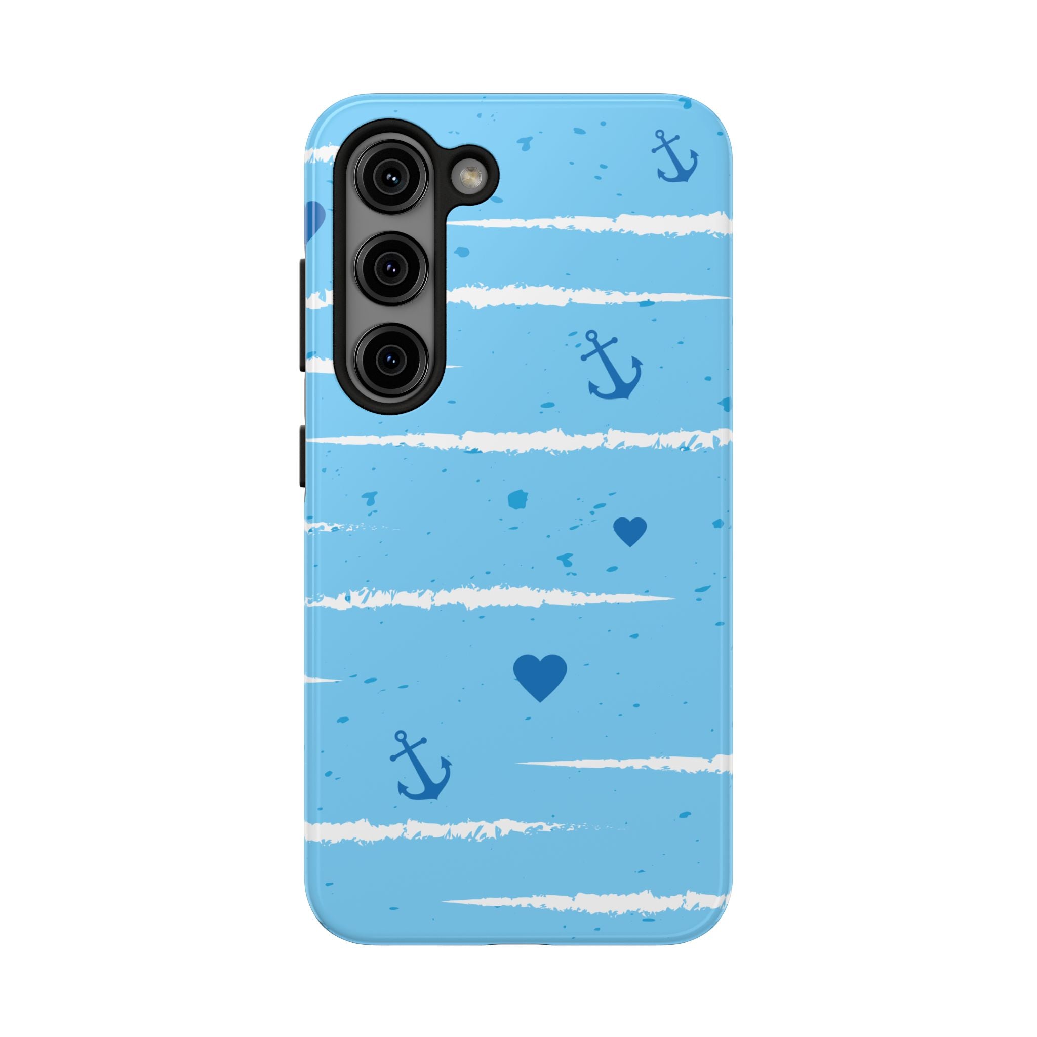Nautical Blue Anchor & Hearts Tough Phone Case — Cute Striped Protective Cover