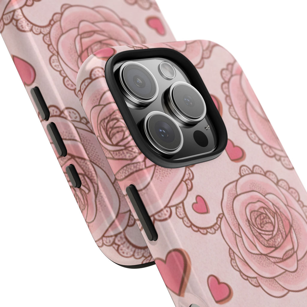 Floral Heart Phone Case — Pink Rose Pattern Tough Protective Case