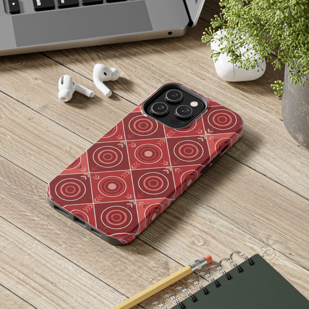 Red Geometric Target Pattern Tough Phone Case — Protective Abstract Retro Design