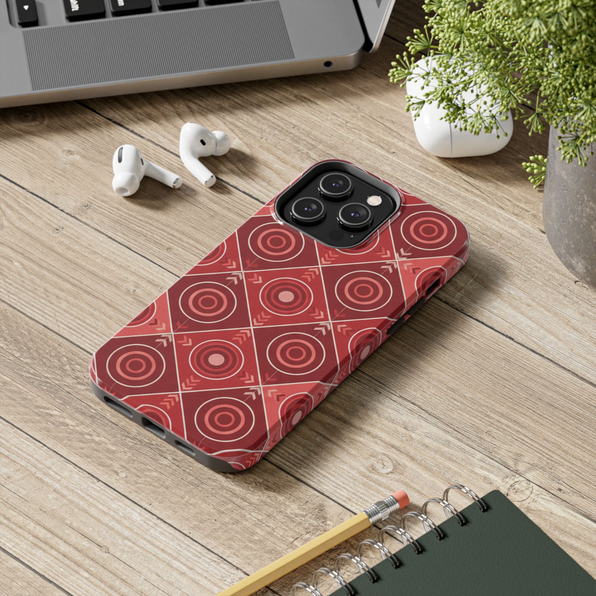Red Geometric Target Pattern Tough Phone Case — Protective Abstract Retro Design