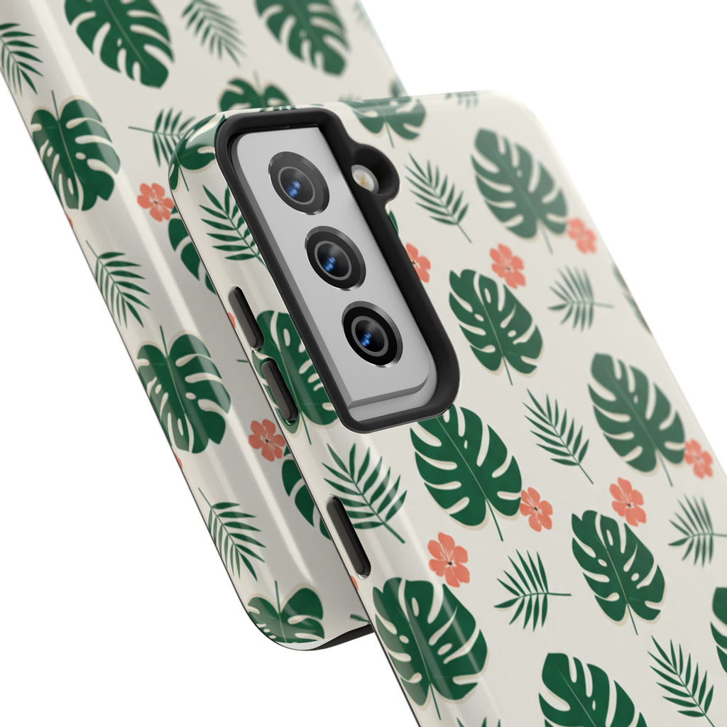 Tropical Leaves Tough Phone Case — Monstera & Pink Floral Protective Cover