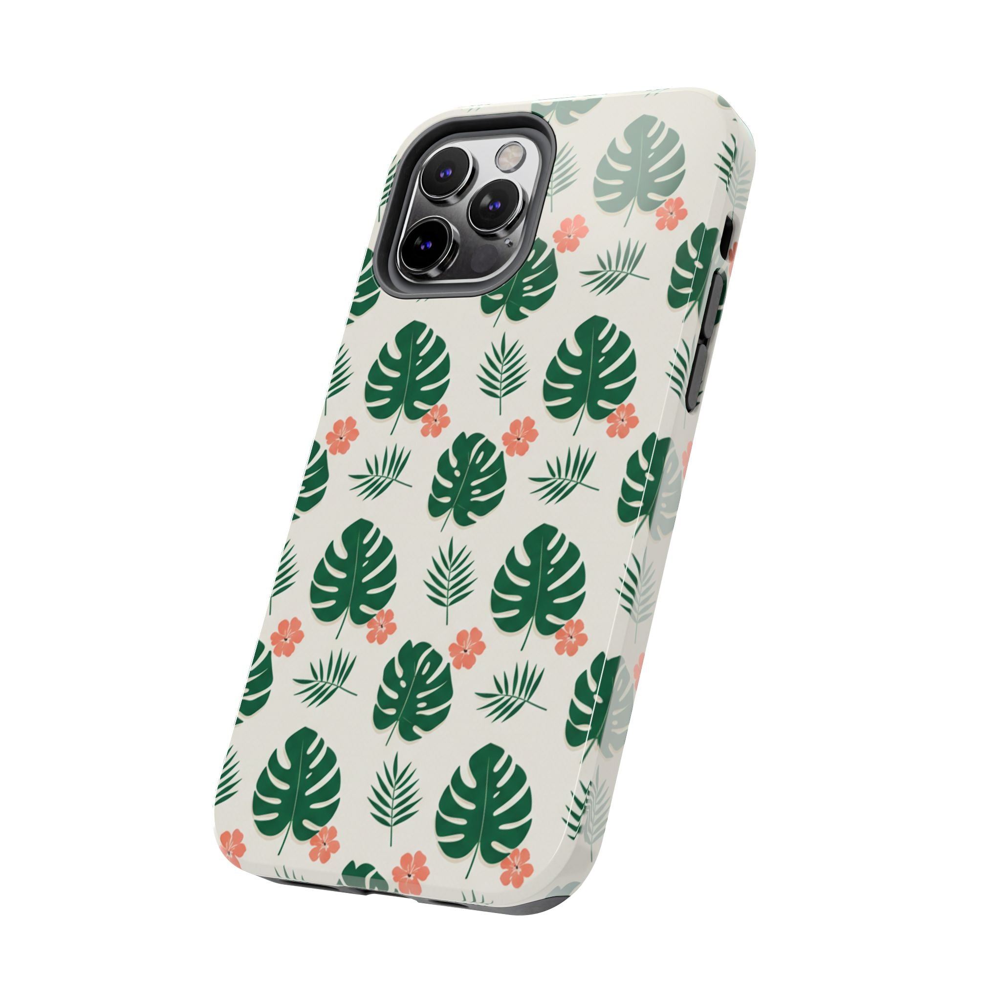 Tropical Leaves Tough Phone Case — Monstera & Pink Floral Protective Cover