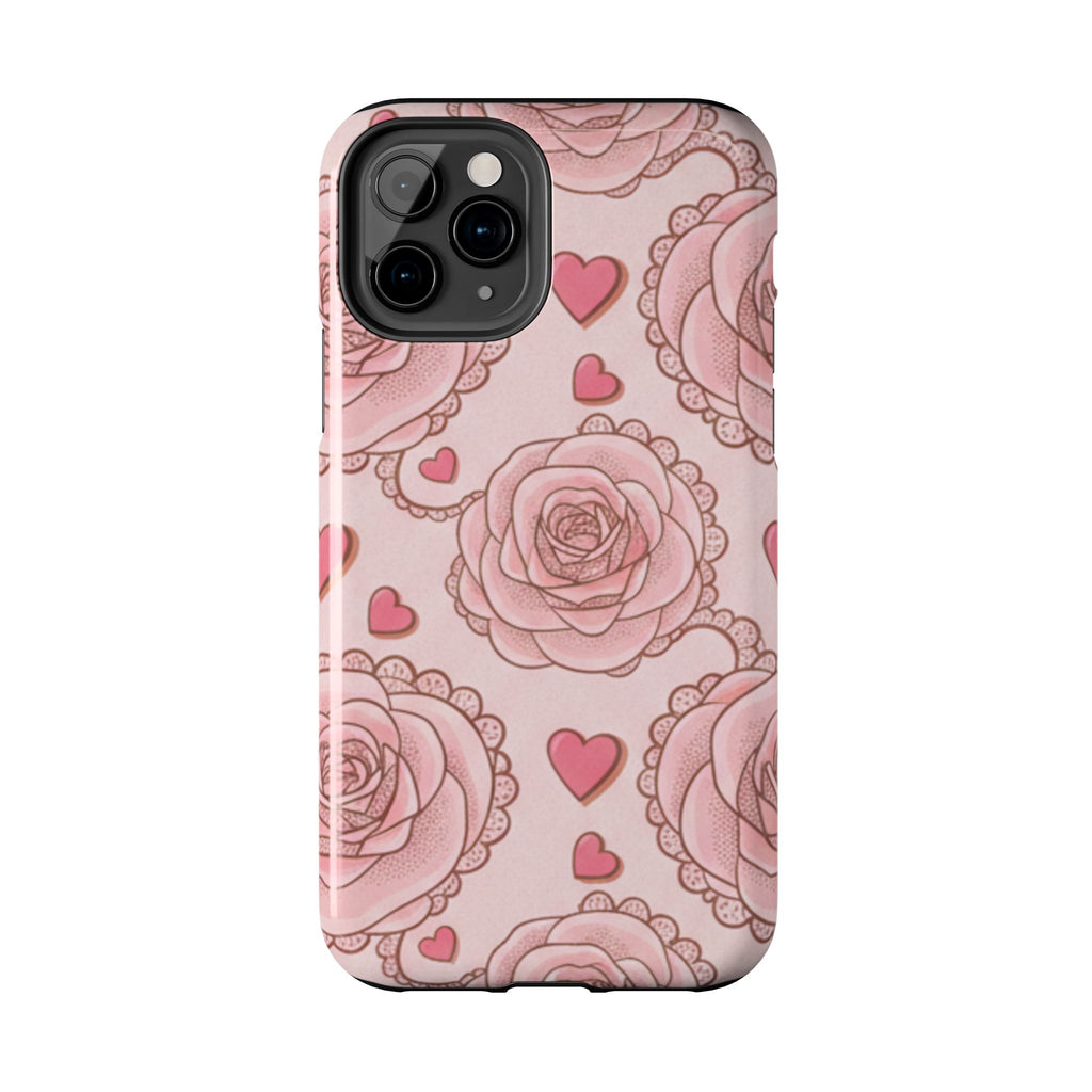 Floral Heart Phone Case — Pink Rose Pattern Tough Protective Case