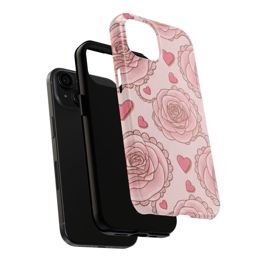 Floral Heart Phone Case — Pink Rose Pattern Tough Protective Case