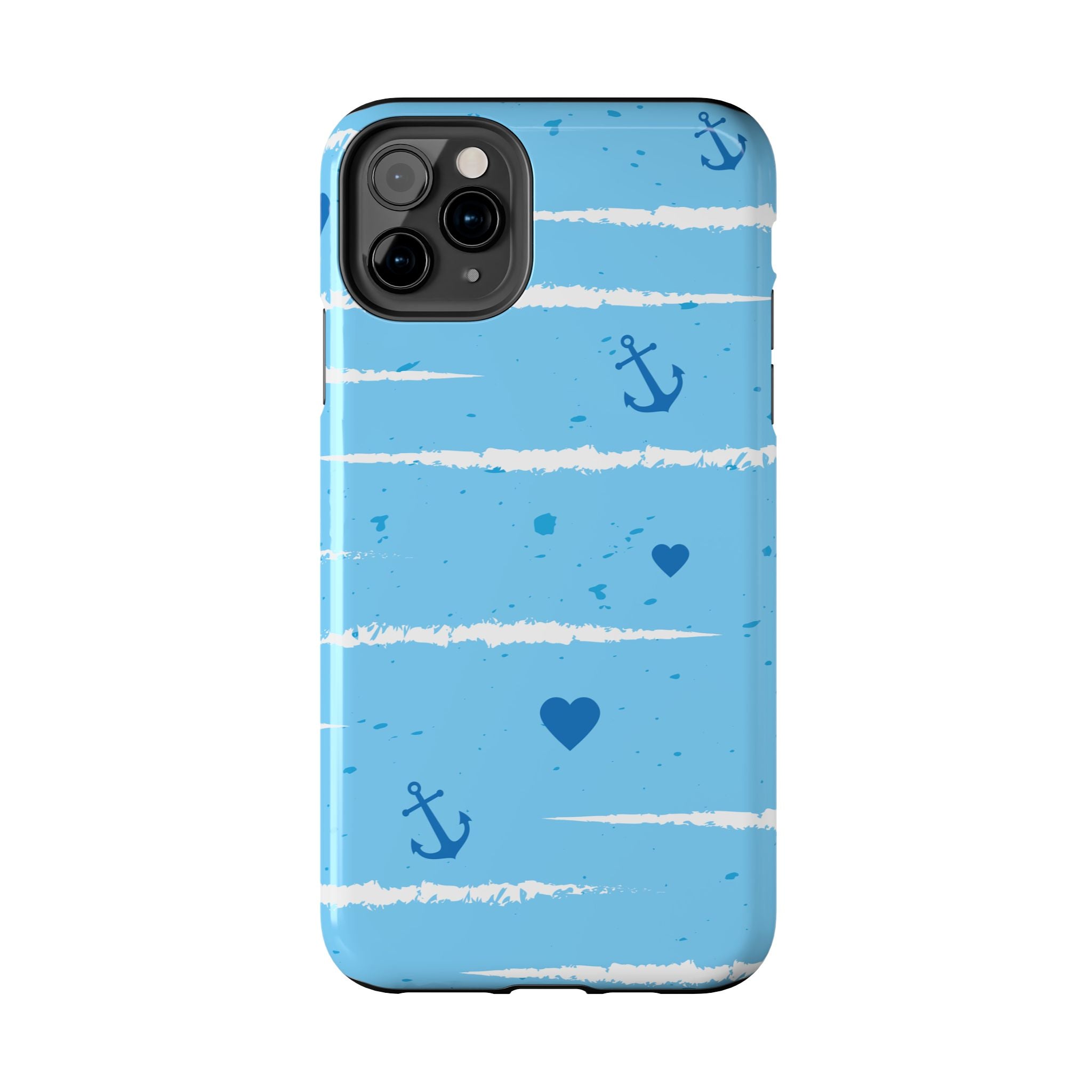 Nautical Blue Anchor & Hearts Tough Phone Case — Cute Striped Protective Cover