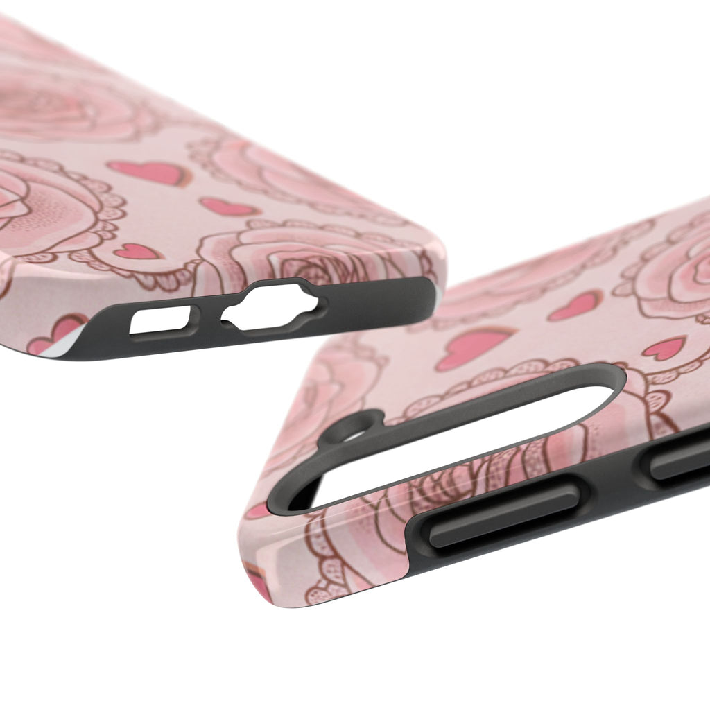 Floral Heart Phone Case — Pink Rose Pattern Tough Protective Case