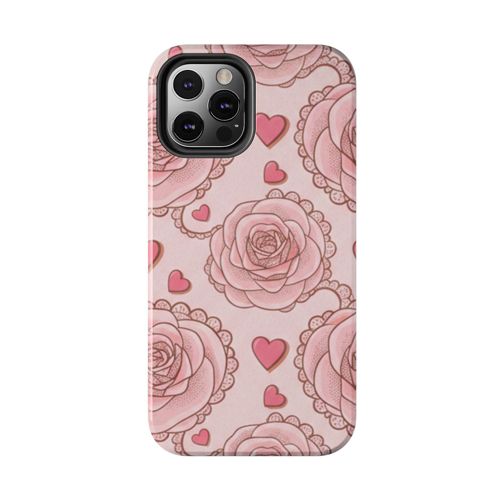 Floral Heart Phone Case — Pink Rose Pattern Tough Protective Case